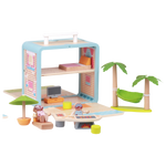 Wooden Beach House GoBox opened with miniature furniture, figures and beach-themed play pieces
