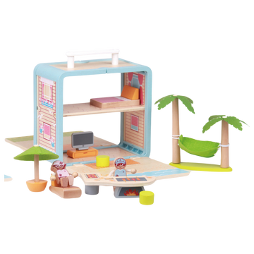 Wooden Beach House GoBox opened with miniature furniture and figures