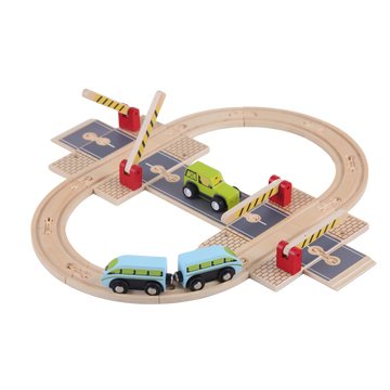 Wooden Road Junction set with road tracks, train tracks and vehicles