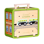 Closed Wooden Train Set GoBox with carry handle and Train Station artwork