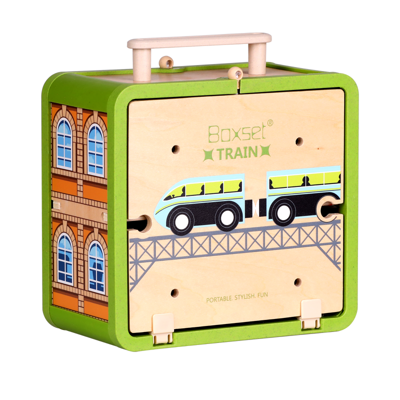 Closed Wooden Train Set GoBox with carry handle and Train Station artwork