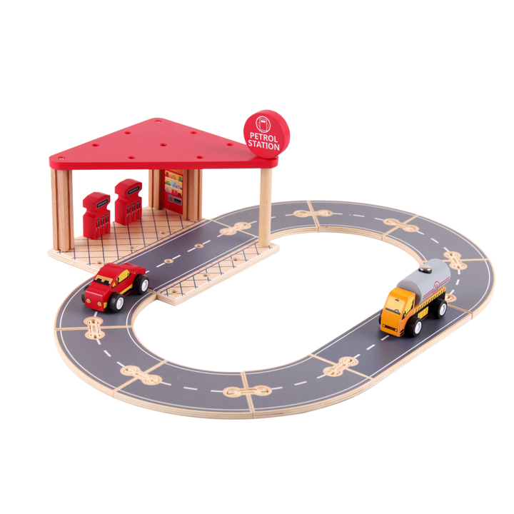 Wooden Petrol Station play set with cars, pumps and road tracks