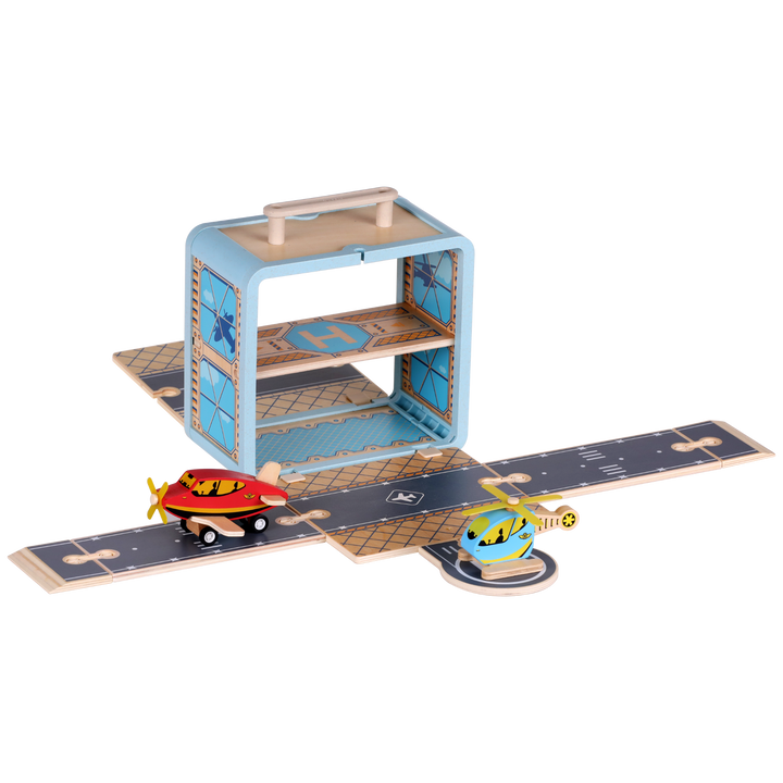 Wooden Airport GoBox opened with aeroplanes, helicopter and connected tarmac pieces