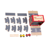 Wooden road and car play set arranged for build-and-drive play