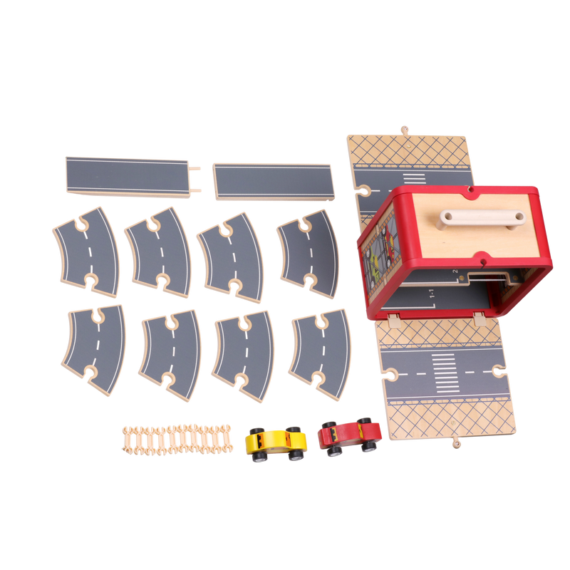 Wooden road and car play set arranged for build-and-drive play