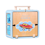 Closed Wooden Airport GoBox with carry handle and airport artwork