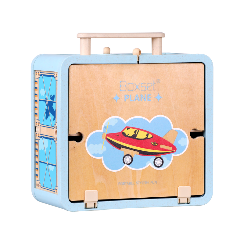 Closed Wooden Airport GoBox with carry handle and airport artwork