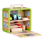 Wooden Train Set GoBox opened to show the tracks, trains and level crossing pieces stored inside