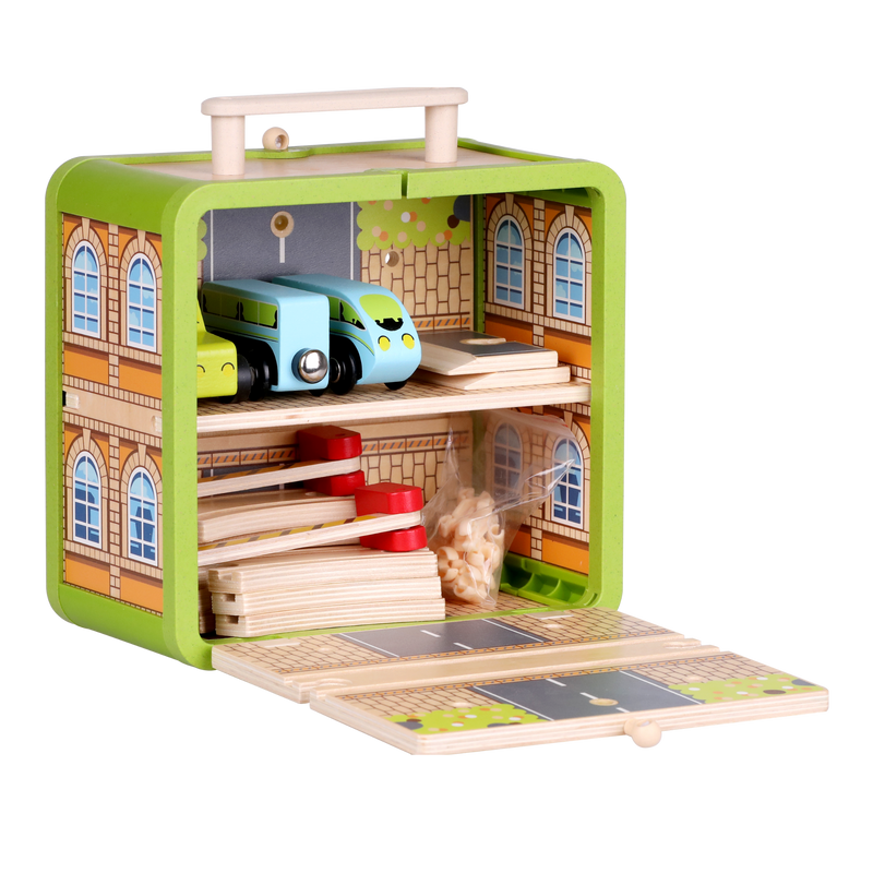 Wooden Train Set GoBox opened to show the tracks, trains and level crossing pieces stored inside