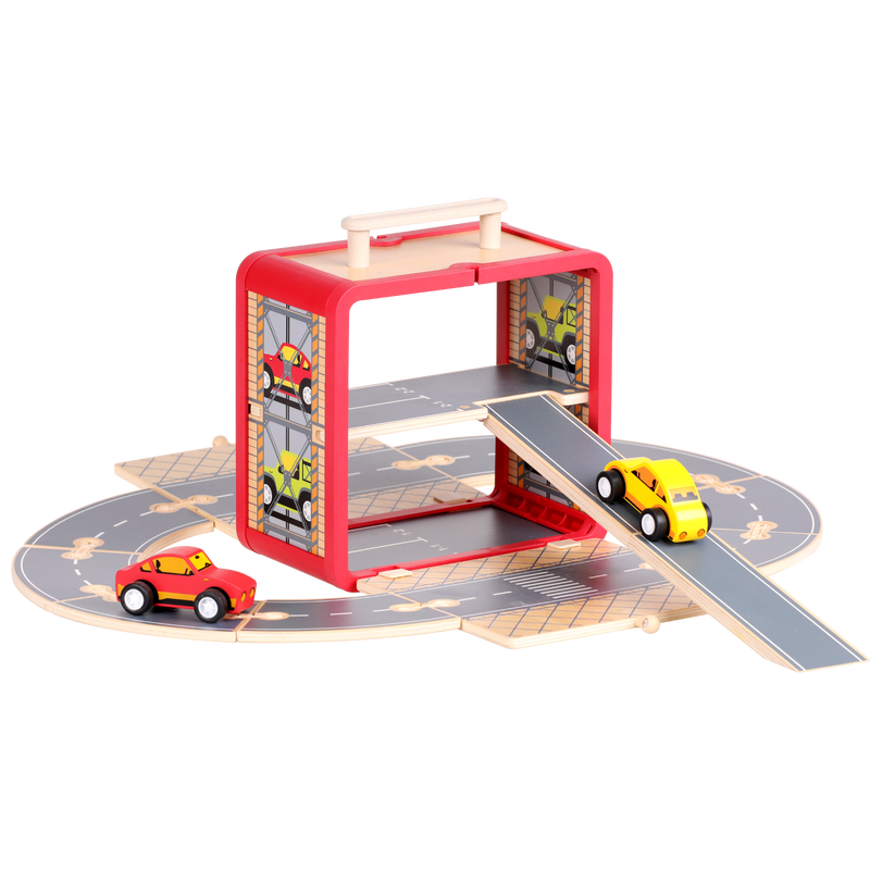 Wooden Car Set GoBox with road tracks, cars and connectors