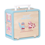 Closed Wooden Beach House GoBox with carry handle and Beach Villa artwork