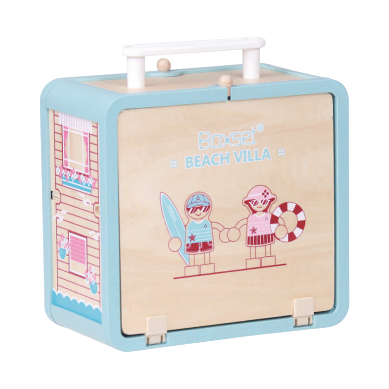 Closed Wooden Beach House GoBox with carry handle and Beach Villa artwork