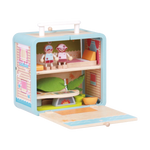 Wooden Beach House GoBox opened to show the miniature furniture, figures and hammock stored inside