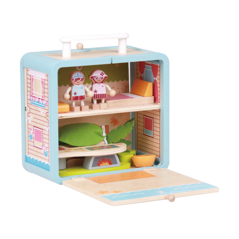 Wooden Beach House GoBox opened to show the miniature furniture, figures and hammock stored inside