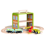 Wooden Train Set GoBox opened with railway tracks, train carriages and road pieces arranged for play