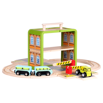 Wooden Train Set GoBox with railway tracks, trains and road pieces