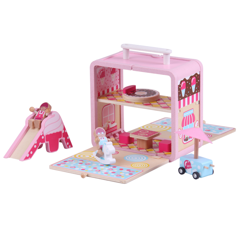Wooden Candy House GoBox arranged as an open small-world pretend-play scene