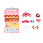 Candy House GoBox pieces laid out with slide, cart, umbrella, furniture and miniature figures