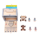 Wooden Castle play set pieces arranged for pretend play