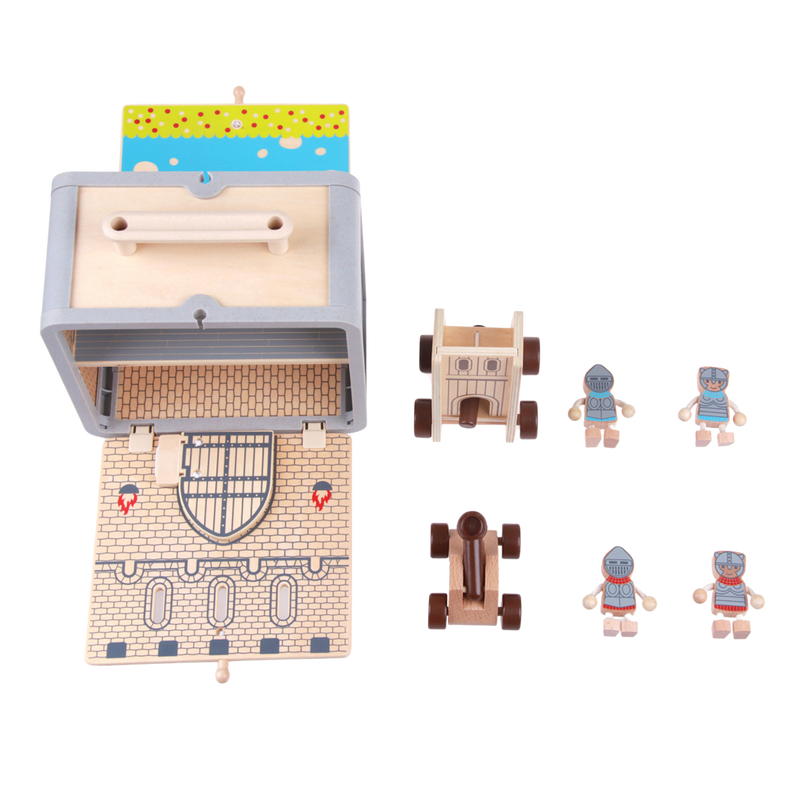 Wooden Castle play set pieces arranged for pretend play