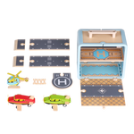 Airport GoBox pieces laid out with aeroplanes, helicopter, tarmac tracks, landing marker and connectors