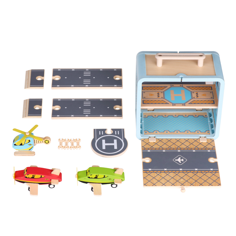 Airport GoBox pieces laid out with aeroplanes, helicopter, tarmac tracks, landing marker and connectors