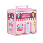 Closed Wooden Candy House GoBox with carry handle and candy shop artwork