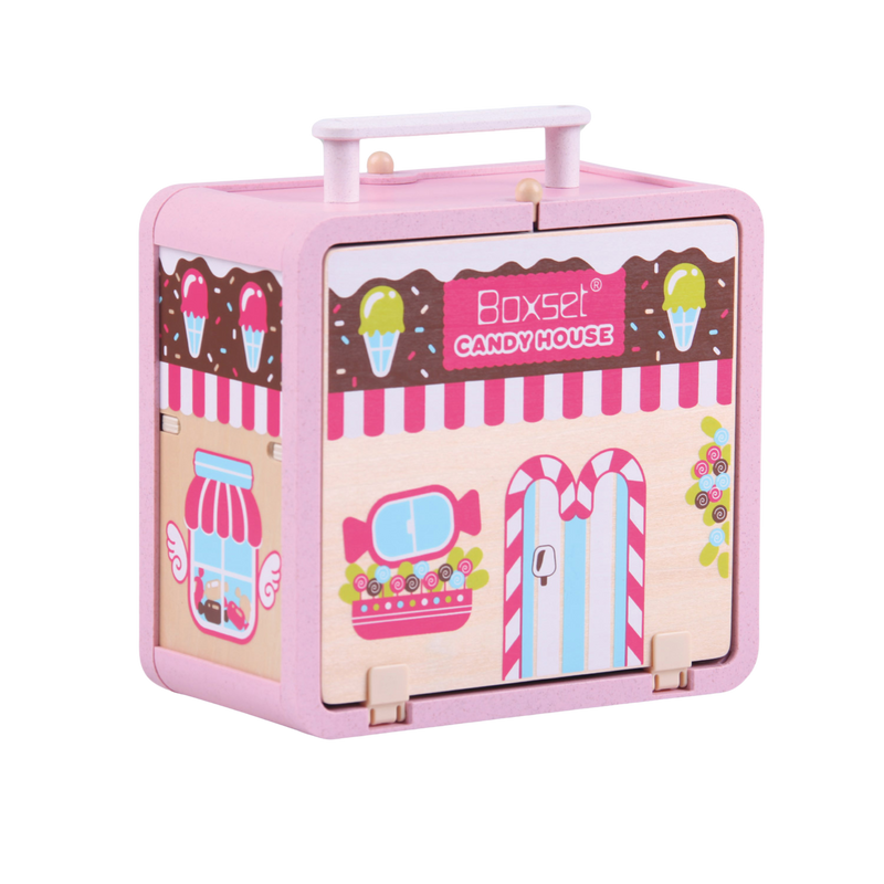 Closed Wooden Candy House GoBox with carry handle and candy shop artwork