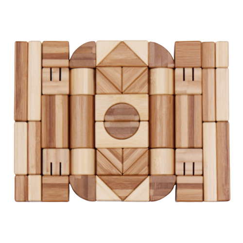 Natural bamboo blocks in mixed shapes displayed in a flat layout.