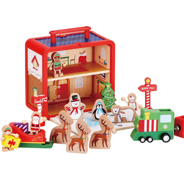 A wooden playset featuring a Santa's workshop with various Christmas-themed accessories, including Santa, elves, reindeer, a sleigh, and a Christmas tree.