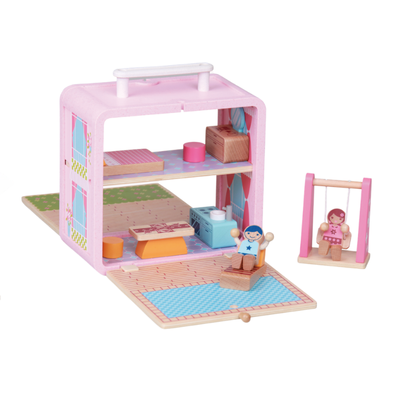 Wooden Doll House GoBox arranged as a miniature home play scene with furniture and figures