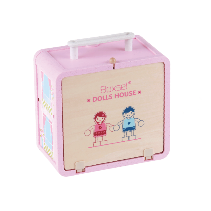 Closed Wooden Doll House GoBox shown from the front with carry handle