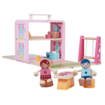 Wooden Doll House GoBox with miniature furniture and two figures arranged for play