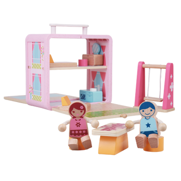 Wooden Doll House GoBox with miniature furniture and figures