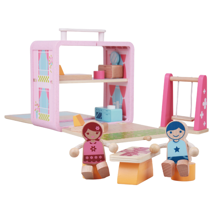 Wooden Doll House GoBox with miniature furniture and figures