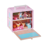 Wooden Doll House GoBox opened to show the beds, chairs and miniature home accessories inside