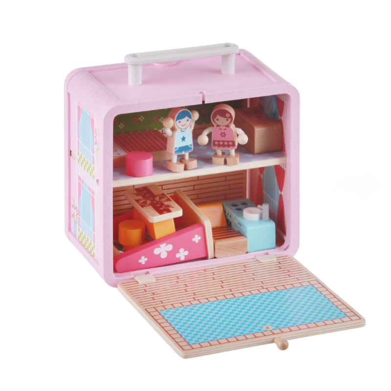 Wooden Doll House GoBox opened to show the beds, chairs and miniature home accessories inside