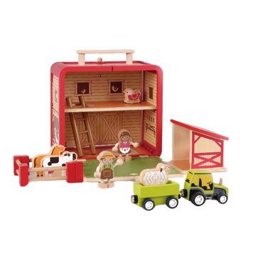 A wooden farm house playset unfolded to show a scene with farmers, animals, a tractor, and accessories. The set appears to be made of red and beige wood, with figures and a green tractor.
