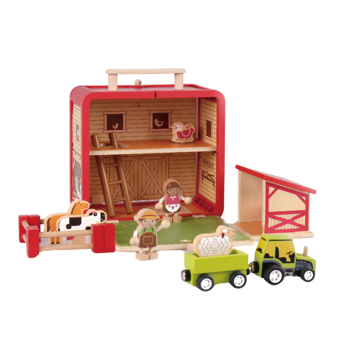 A wooden farm house playset unfolded to show a scene with farmers, animals, a tractor, and accessories. The set appears to be made of red and beige wood, with figures and a green tractor.