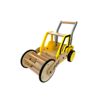 A yellow and natural wood colored wooden cargo walker designed for toddlers, with a storage compartment and an adjustable handlebar.