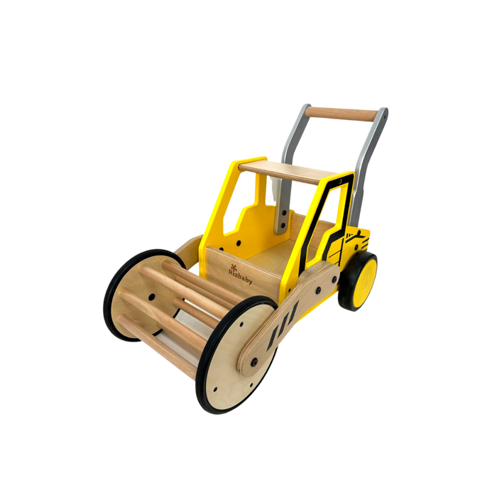 A yellow and natural wood colored wooden cargo walker designed for toddlers, with a storage compartment and an adjustable handlebar.