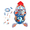 Colourful wooden rocket tower toy with astronaut figure and aircraft.