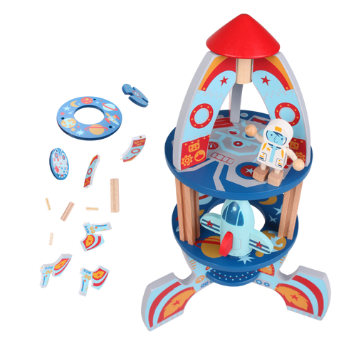 Colourful wooden rocket tower toy with astronaut figure and aircraft.