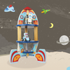 Toy rocket with astronaut figure on a space-themed background
