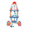 Multi-level wooden rocket ship toy with astronaut and space accessories.