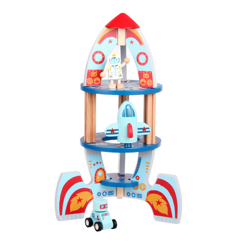 Multi-level wooden rocket ship toy with astronaut and space accessories.