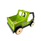 A green wooden toy walker designed to resemble a off-road cargo vehicle with the name 'Sandstorm' on the side.