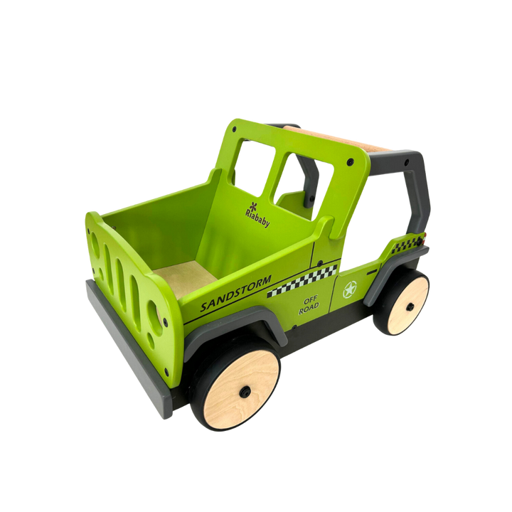 A green wooden toy walker designed to resemble a off-road cargo vehicle with the name 'Sandstorm' on the side.
