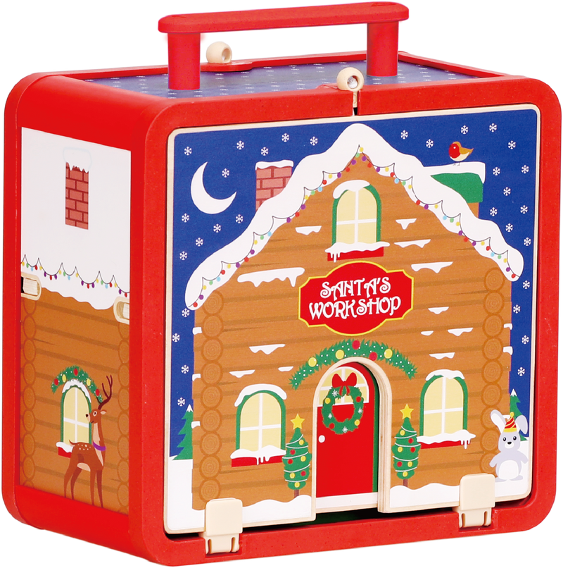 Closed Santa’s Workshop GoBox with carry handle and Christmas workshop artwork