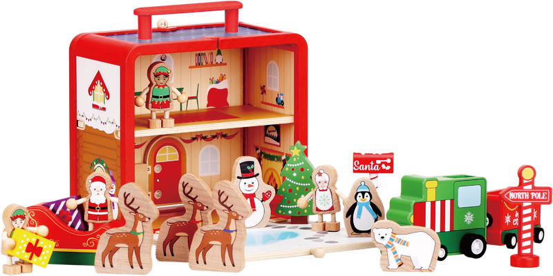 Santa’s Workshop wooden play set arranged as a Christmas small-world scene with characters and vehicles